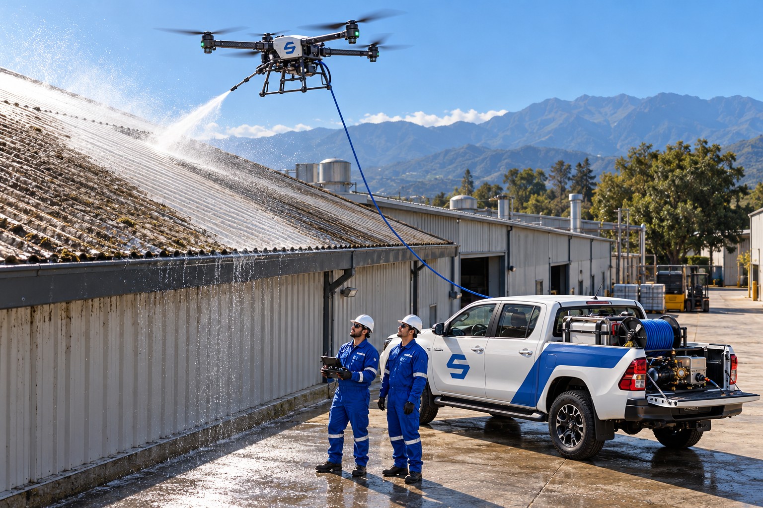 Drone limpiando la cubierta de chapa de una nave industrial